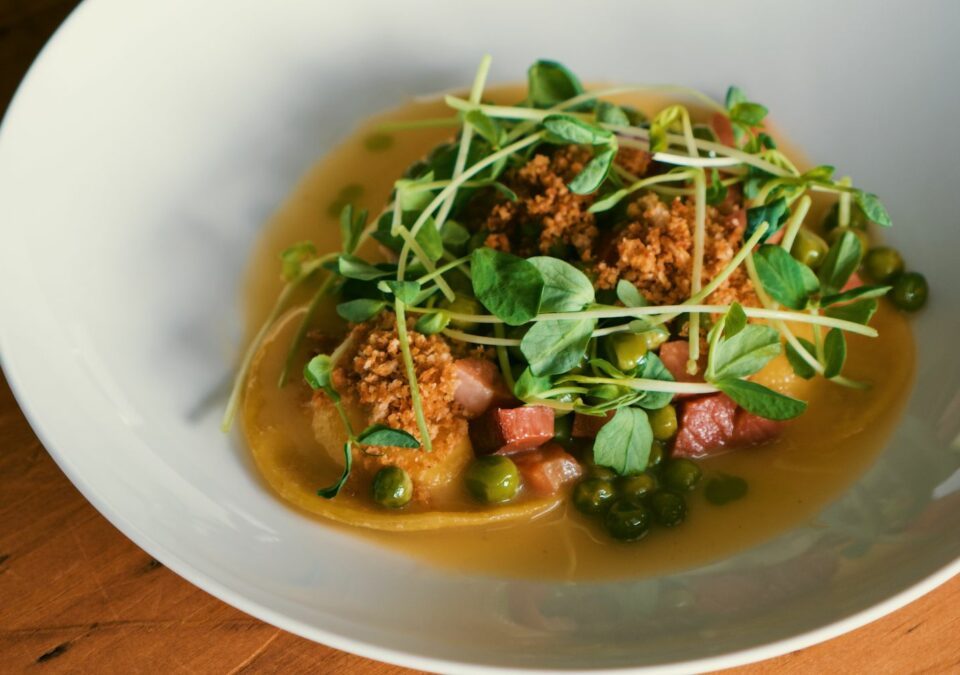 Spring Ravioli with Creamy Taleggio Sauce & Speck