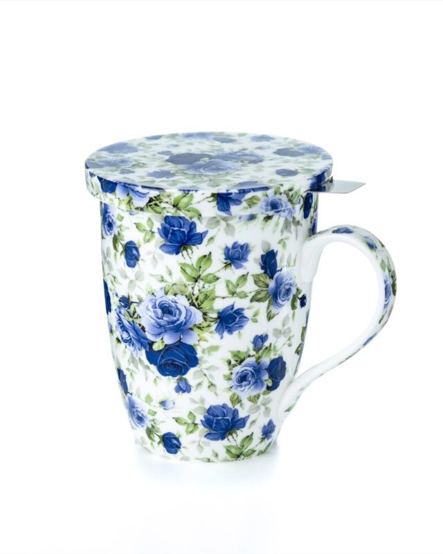 McIntosh: Chintz Dark Blue Roses Tea Mug w/ Infuser & Lid