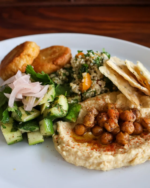 Our Mezze Platter. A vibrant combination of seared falafel, quinoa tabbouleh salad, marinated cucumber, sumac salad, hummus, lavash crisps and lemon pickled onionsoffering fresh, inspiring flavours for the season. Now available on our lunch appetizer menu!Our current dining offerings: https://www.steannes.com/the-dining-room/