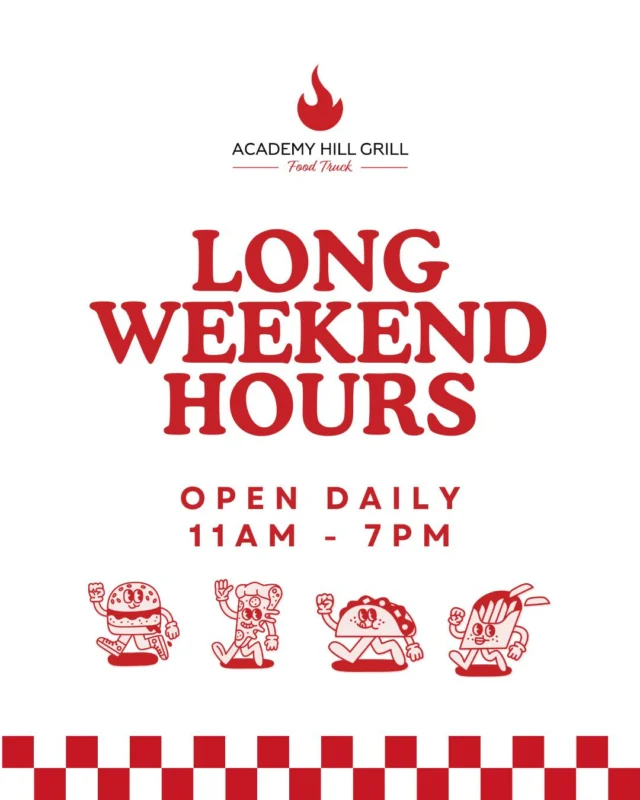 No changes here  were open every day from 11am to 7pm.Rain or shine, weve got you covered  literally! Covered seating if the skies turn moody Lawn games when the suns out to playGrab your crew, grab some food and hang out either way!#AcademyHillGrill #RainOrShineEats #CoveredSeating #GraftonEats