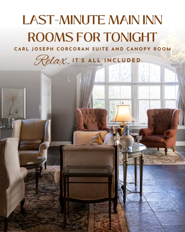  Exclusive Overnight Openings for Tonight A rare opportunity to pause.To breathe.To reconnect.We have 2 Main Inn Rooms available, our Carl Joseph Corcoran Suite and our Canopy Room.Our all-inclusive overnight packages include: Thoughtfully prepared, seasonal meals Full access to our wellness facilities $150 Spa & Wellness allowanceLet this be your moment to step away  even just for a night. Availability is very limited. Reserve now and give yourself the space to slow down. Call 1-888-346-6772 to book.