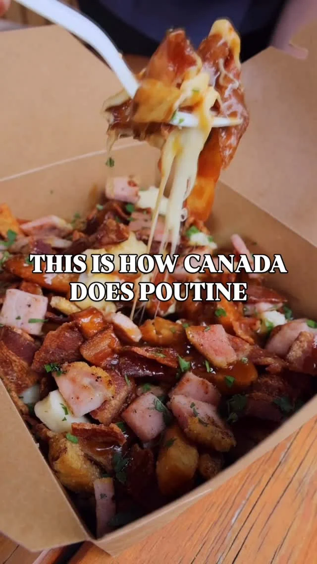 Poutine with a Canadian twist Peameal bacon, real bacon, squeaky curds, rich gravy and maple drizzle.Sweet. Salty. Smoky. Ridiculously good.Available now until July 31st! 