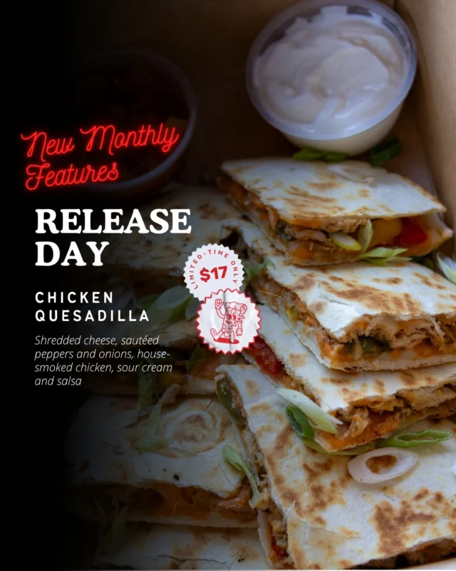 Just in time for the long weekend  our August features have arrived! Swing by Academy Hill Grill for our BBQ Chicken Pizza or Chicken Quesadilla, available all month long. Perfect patio food, no cutlery required.