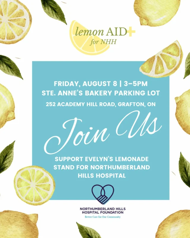 Were proud to support a sweet cause! Join us this Friday, August 8th from 35 PM at Ste. Annes Bakery as we host Evelyns Lemon-Aid Stand in support of Northumberland Hills Hospital @NHHFoundationEvelyn is one of many young changemakers across our community raising funds through lemonade stands this summer and were honoured to be part of her efforts.Come by for a refreshing glass and help support a meaningful initiative that brings care close to home.#LemonAidStand #SupportLocal #NHHFoundation #StAnnesBakery #CommunityMatters #Northumberland