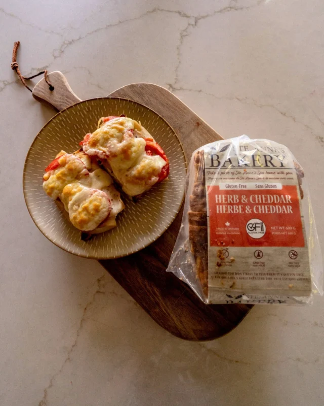 Late harvest tomatoes, melty mozzarella and our Herb & Cheddar bread - a toastie worth slowing down for Perfect for a cozy lunch or snack this fall! Shop online now or stop by the Bakery today!#SteAnnesBakery #GlutenFreeBread