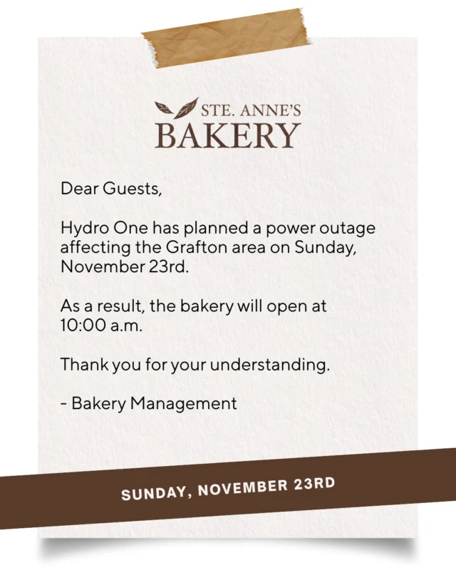 A small change to our Sunday morning routine. We will have the ovens warm and the goodies ready at 10AM instead of our usual 6AM opening time. Thank you for your patience!