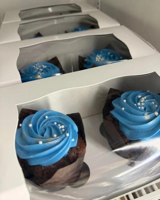 Chocolate cupcakes topped with vanilla buttercream and the prettiest pop of blue Need cupcakes or a custom cake for a birthday, gathering or celebration?Give us a call - were happy to help.  905-349-2104Gluten-free, always.