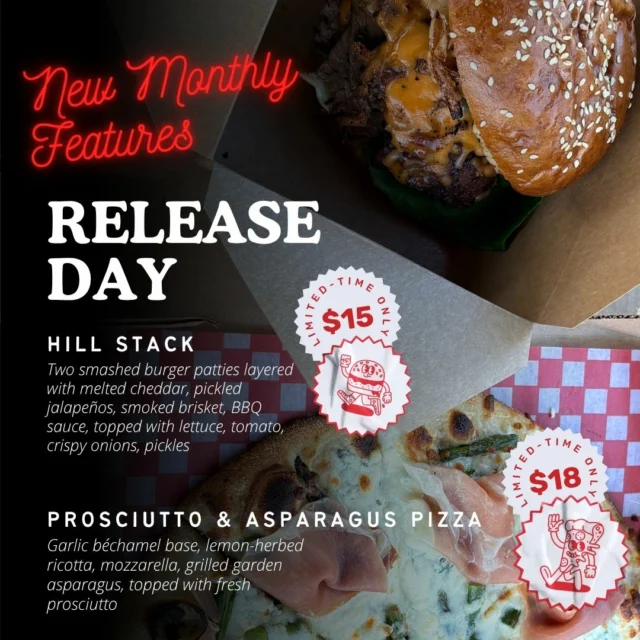  June features have landed and they are STACKED.This month, we're bringing something for every craving: Prosciutto & Asparagus Pizza - $18.00A garlic bchamel base with lemon-herbed ricotta, fresh mozzarella, grilled garden asparagus and prosciutto. Light, seasonal and a little bit special. The Hill Stack Burger - $15.00Two smashed patties layered with melted cheddar, smoked brisket, pickled jalapeos, BBQ sauce, crispy onions and pickles. The kind of burger that needs both hands.Find us in Grafton, ON just 5 minutes off the 401 at exit Lyle Street. Come hungry! 