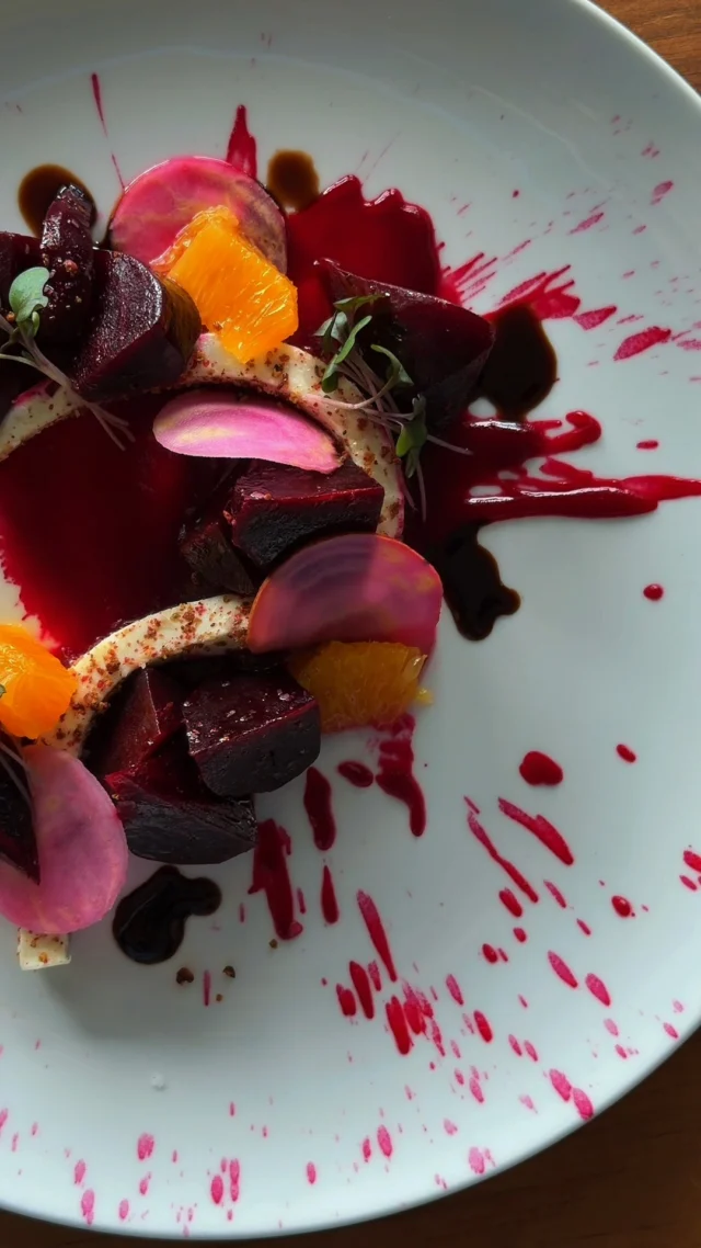 Our Beet Salad brings together vibrant seasonal ingredients, layered with texture, colour and balance.Steamed Beets  Shaved Beets  Orange Segment  Horseradish Goat Cheese Gel  Beet Foam  Balsamic ReductionPlating is an art form, and we are here for it!